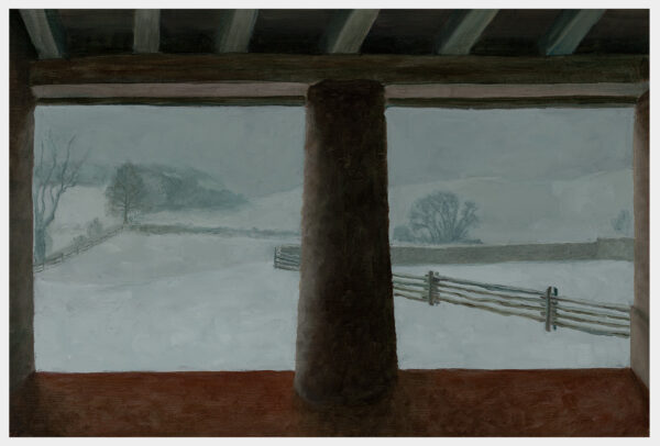 Realistic landscape oil painting from a barn looking out onto a courtyard and fields and trees beyond during a snowstorm