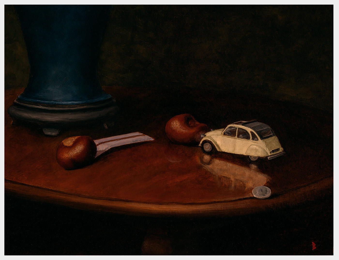 Realistic oil painting of the contents of a boy’s pocket including a bus ticket two chestnuts and a white toy car and a coin on a gleaming wooden table top with the base of a blue lamp just visible in the background