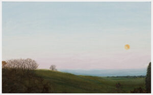 Realistic oil painting of a full moon setting over a landscape of fields and trees and distant hills