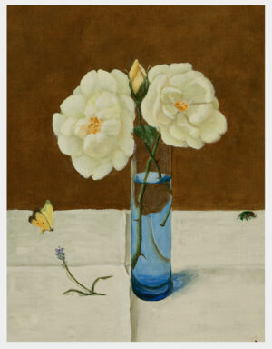 Realistic oil painting of a translucent blue vase with yellow roses on a white tablecloth with a sprig of lavender and a butterfly and a beetle