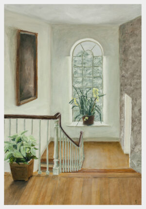 Realistic oil painting of a cymbidium orchid on the windowsill of a stair landing with snowy trees outside and an indistinct painting and a white poinsettia on the left side and a doorjamb on the right set into a stone wall