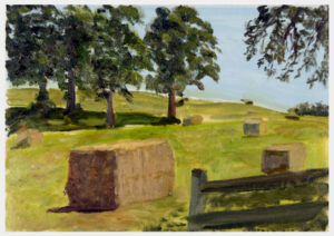 Realistically painted large hay bales in a fenced field with few trees providing shade in the noon-day sun