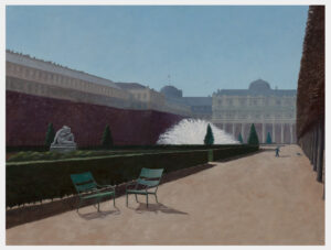 Realistic oil painting of the royal palace gardens in Paris, a series of severely trimmed trees on the right and left, box hedges surrounding formal gardens with sculpture and a brilliant fountain, and on the sandy path a couple of chairs in the foreground and a small boy with a dog far down the allée.