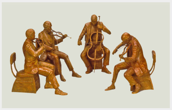 Realistic bronze sculpture of two violinists violist and cellist all sitting on chairs playing outlined instruments
