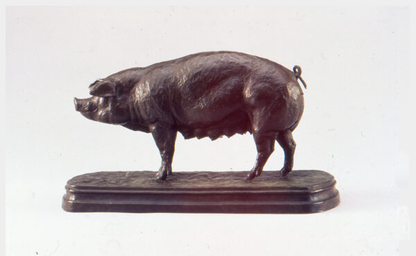 Realistic bronze sculpture of a nursing sow standing on a base