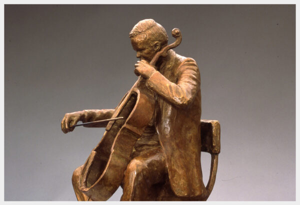 Realistic bronze sculpture life-size of a cellist sitting on a chair playing the outline of a cello with a bow