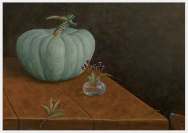 Realistic painting of a Jarrahdale squash with a small glass vase of purple flowers on a large board table and a dog’s nose at the right corner with an inchworm almost touching it.