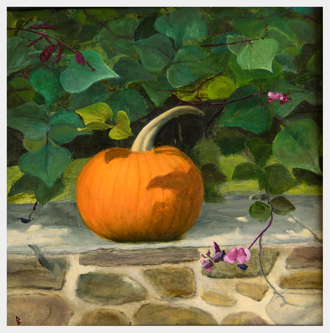 A realistic painting of a pumpkin on a stone wall with grape Hyacinth’s purple flowers and beans surrounding.